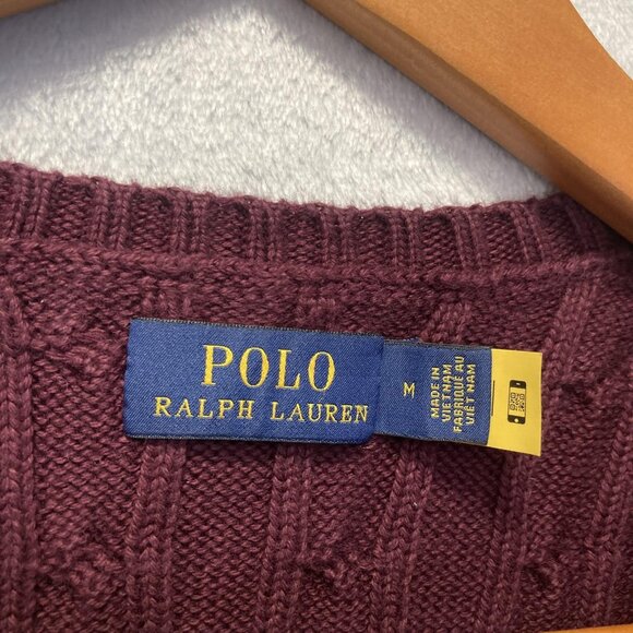 Polo Ralph Lauren Cable Knit Sweater Womens Medium Burgundy Pony Logo Y2K Style - Picture 3 of 15